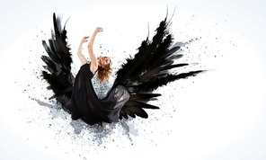 Woman floating   on dark wings