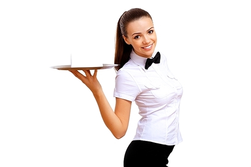 Portrait of young waitress with an empty tray