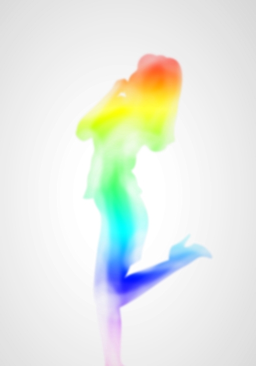 Image with a blurred female silhouette against colour background