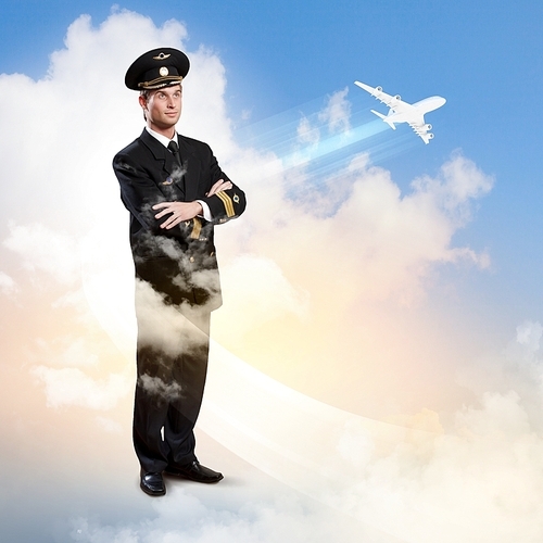 Image of male pilot with airplane flying around him