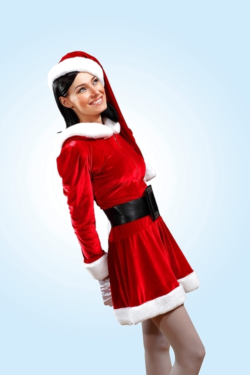 Santa Girl presenting your product|in costume and white gloves