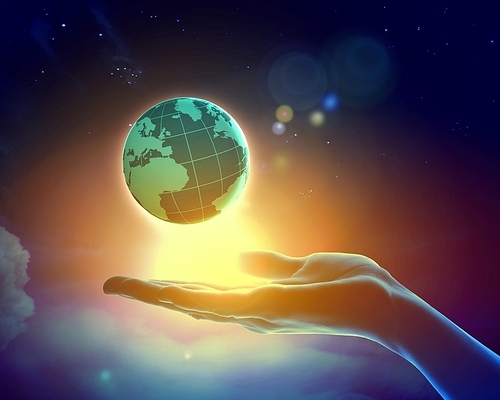 Image of hand holding earth planet against illustration background