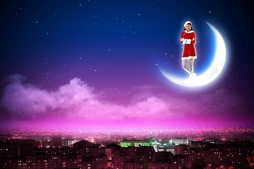 Santa Claus girl on the moon above a city at night