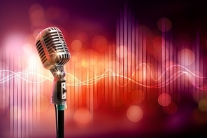 Single retro microphone against colourful background with lights