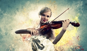 Image of beautiful female violinist playing against splashes background