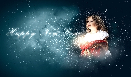 A cute young girl holding a christmas gift|dark background with christmas light bokeh