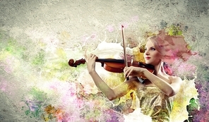 Image of beautiful female violinist playing against splashes background