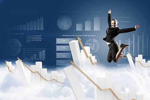 pretty businesswoman jumping high against diagram background