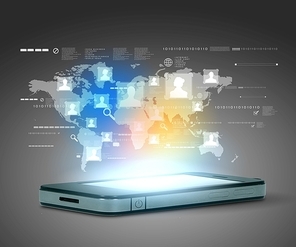 Modern communication technology illustration with mobile phone and high tech background