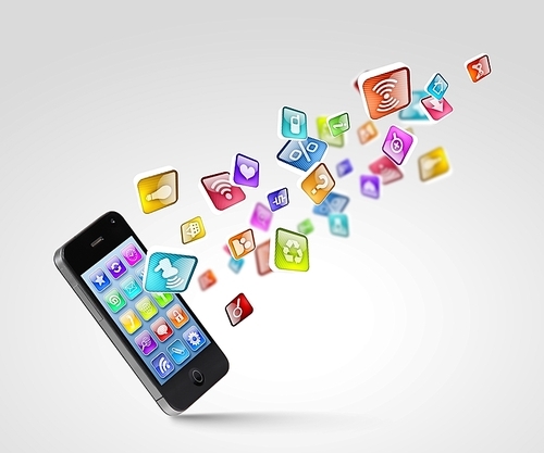 Media technology illustration with mobile phone and icons