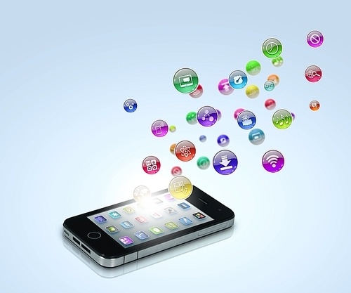 Media technology illustration with mobile phone and icons