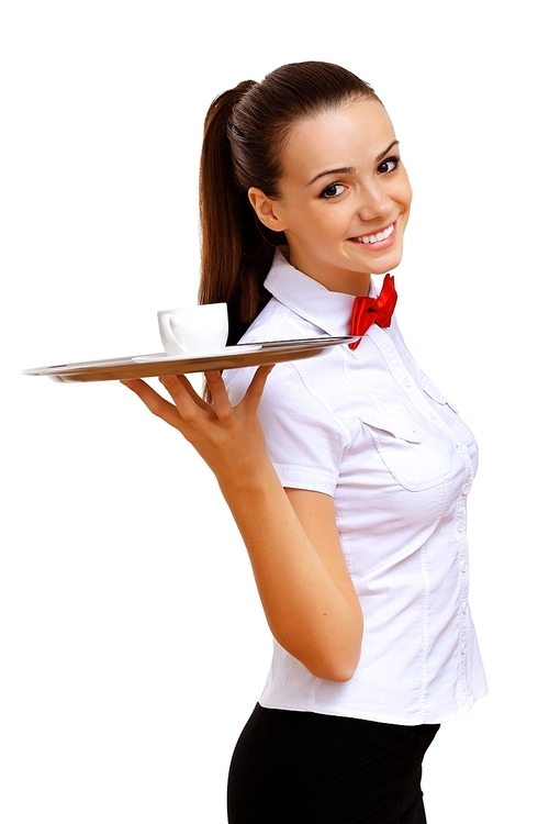 Portrait of young waitress with an empty tray