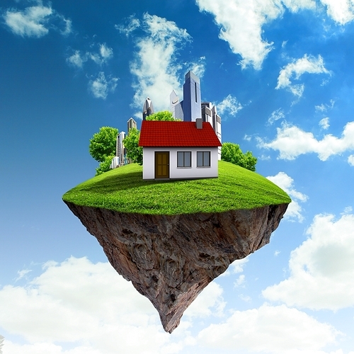 Little fine island / planet. A piece of land in the air. Lawn with house and tree. Pathway in the grass. Detailed ground in the base. Concept of success and happiness|idyllic ecological lifestyle