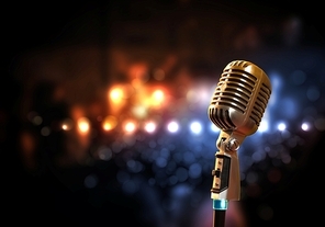 Single retro microphone against colourful background with lights