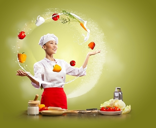 juggler female asian cook against color background