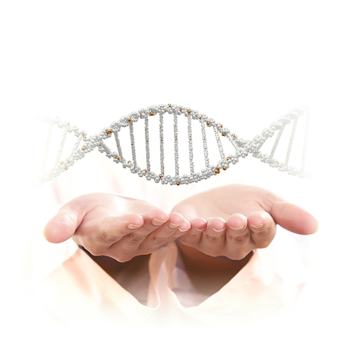 Image of DNA strand against background with human hands