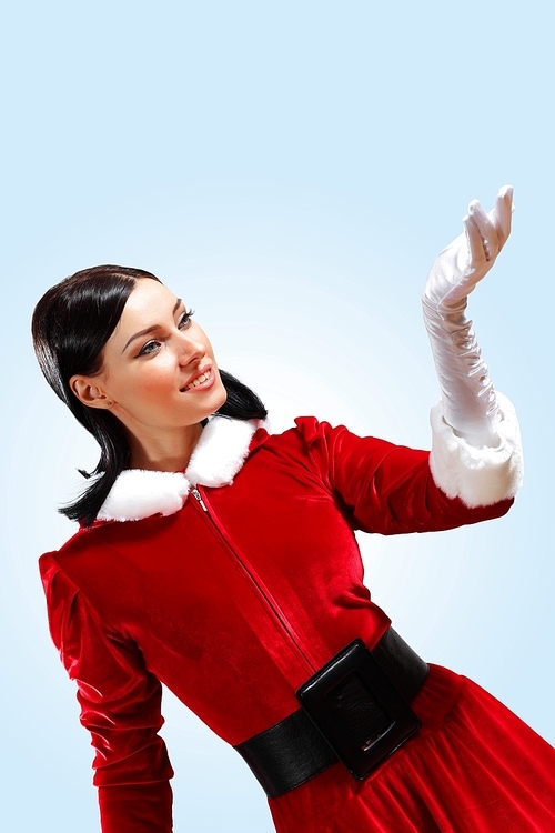 Santa Girl presenting your product|in costume and white gloves