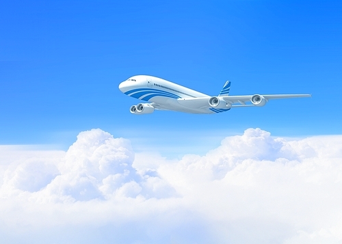 White passenger plane flying in the blue sky with white clouds around