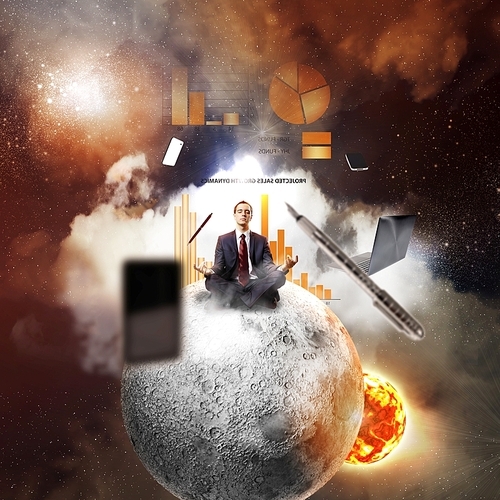 Businessman sitting in lotus flower position against space background with office stuff aloft