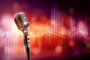 Single retro microphone against colourful background with lights