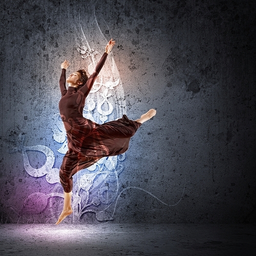 Girl dancing in a color dress with a gray background. Collage