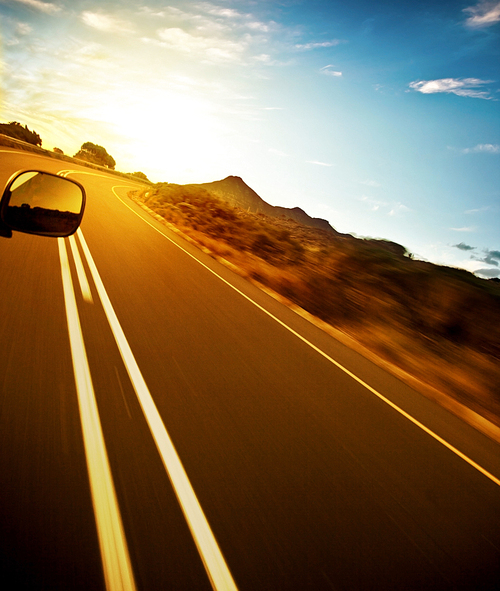Road trip, car on the highway, speed drive, road-trip in sunny day, journey and freedom concept, travel and vacation