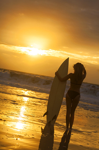 rear view of beautiful  young woman surfer girl in bikini with white surfboard on a beach at sunset or sunrise