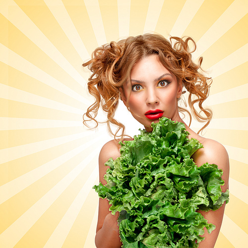 Beautiful girl hiding from disease behind green leaves of lettuce on cartoon style background.