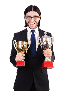 Businessman awarded with prize cup isolated on white