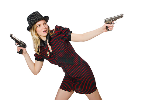 Young woman gangster with gun on white