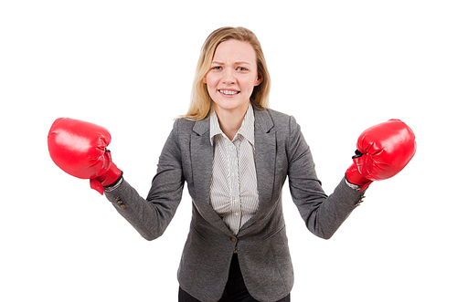 Woman businesswoman with boxing gloves on white