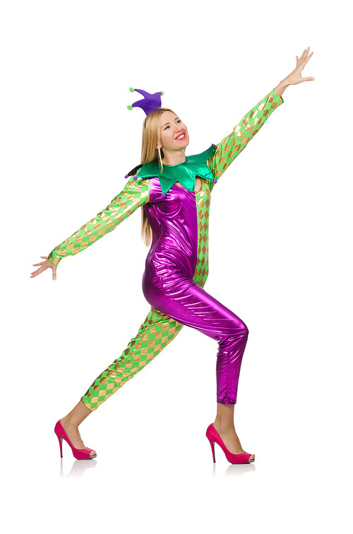 Woman wearing clown costume isolated on white