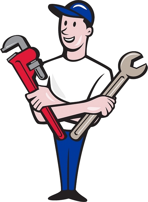 Illustration of a repairman handyman worker wearing hat standing holding spanner and monkey wrench looking to the side viewed from front set on isolated white  done in cartoon style.