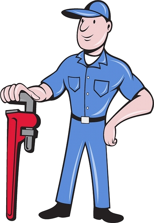 Illustration of a plumber pipe worker standing leaning on pipe wrench with other hand on hips viewed from front set on isolated white  done in cartoon style. 
.