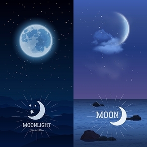 Moonlight vertical banner set with moon on dark sky background isolated vector illustration