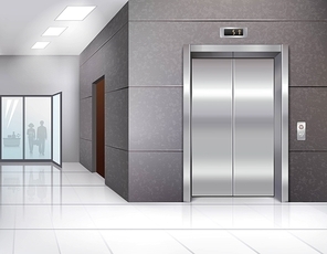Office building hall with shining floor and metal chrome elevator door realistic vector illustration