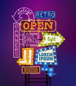 Retro signboard with light banners offers and advertising realistic vector illustration