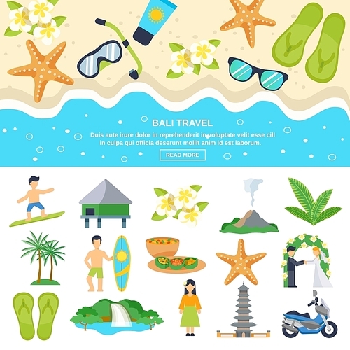 Concept Bali travel beach subjects and tourism goals isolated vector illustration