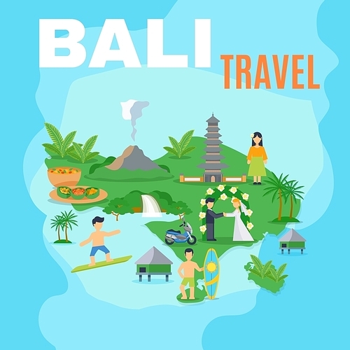 Background map Bali travel green island on blue sea with pictures of tourist places vector illustration