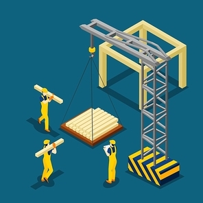 Construction project beginning with wooden frame isometric banner builders and crane at work abstract vector illustration
