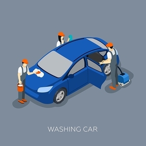 Auto service scheduled car maintenance technicians team washing vehicle isometric banner abstract vector illustration