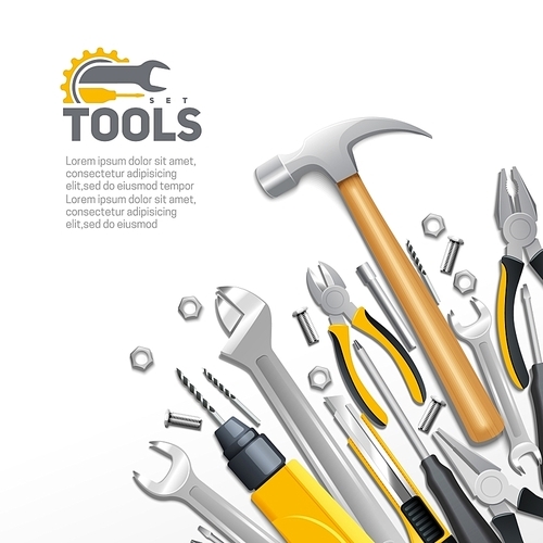Carpentry construction and house renovation tools realistic  composition background poster with hammer screwdriver and spanner vector illustration