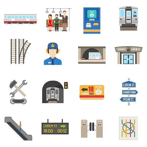 Underground icons set of different city subway elements like ticket train or escalator flat isolated vector illustration