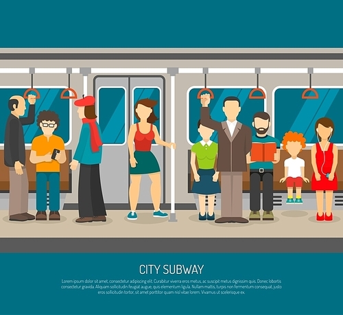 Subway poster of scene inside underground train carriage with crowd of sitting and standing passengers flat vector illustration