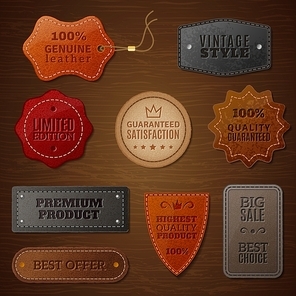Set of leather labels for clothes on a brown wood background in vintage style vector illustration