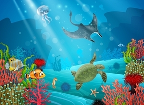Underwater cartoon landscape with various sea animals and plants vector illustration