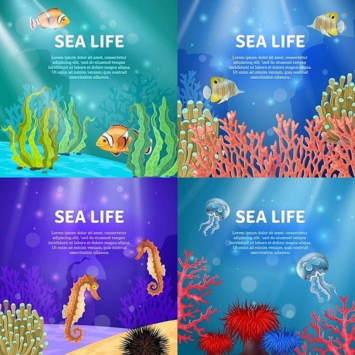 Variants of underwater landscape with different colors and animals vector illustration