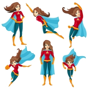 Longhaired superwoman actions set in cartoon colored style with different poses vector illustration