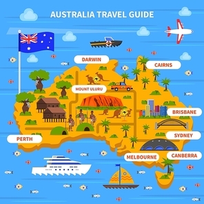 Australia travel guide with map flag ocean and sights flat vector illustration