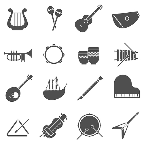 Musical instruments black white icons set with flute and bagpipe flat isolated vector illustration